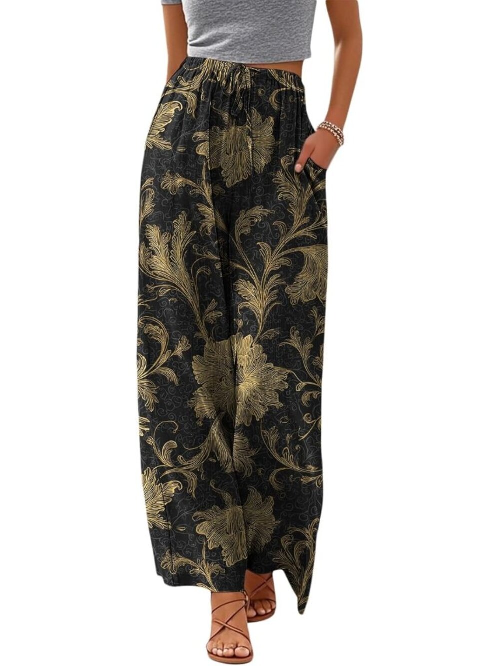 〽️Women's Wide Leg Pants Golden Cube Polyester Drawstring Summer Drawstring